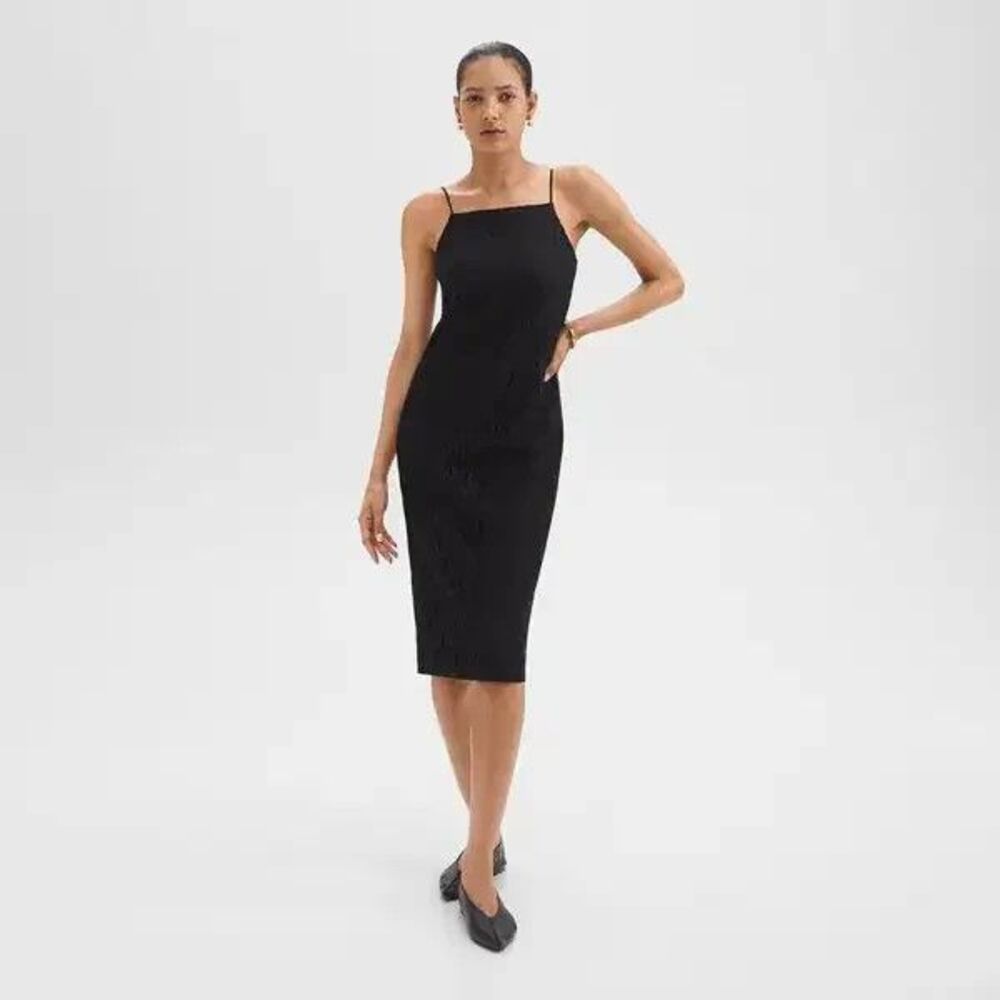 Theory womens Black Lace Strappy Knee Length Fitted Slim Slip Dress size 00 $425